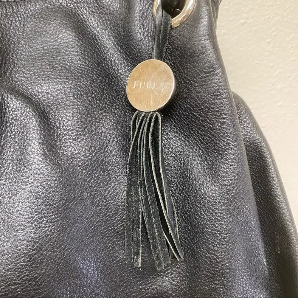 Furla Drawstring Leather Hobo Black Bag